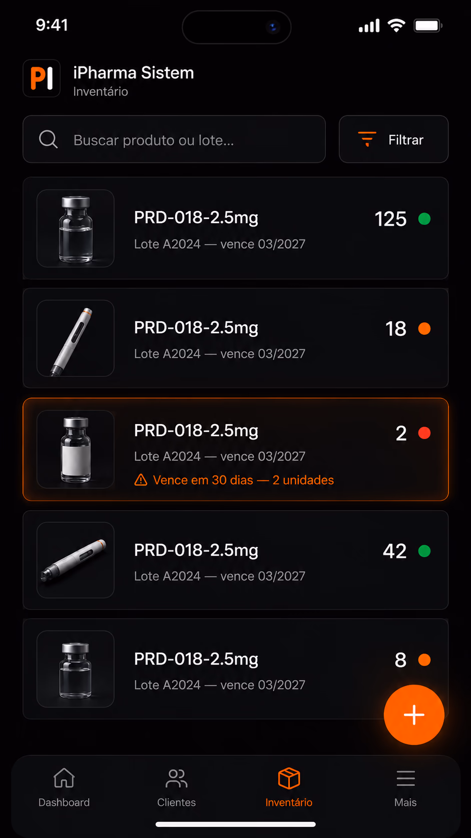 Lista de produtos com informacao de lote, validade e quantidade em estoque